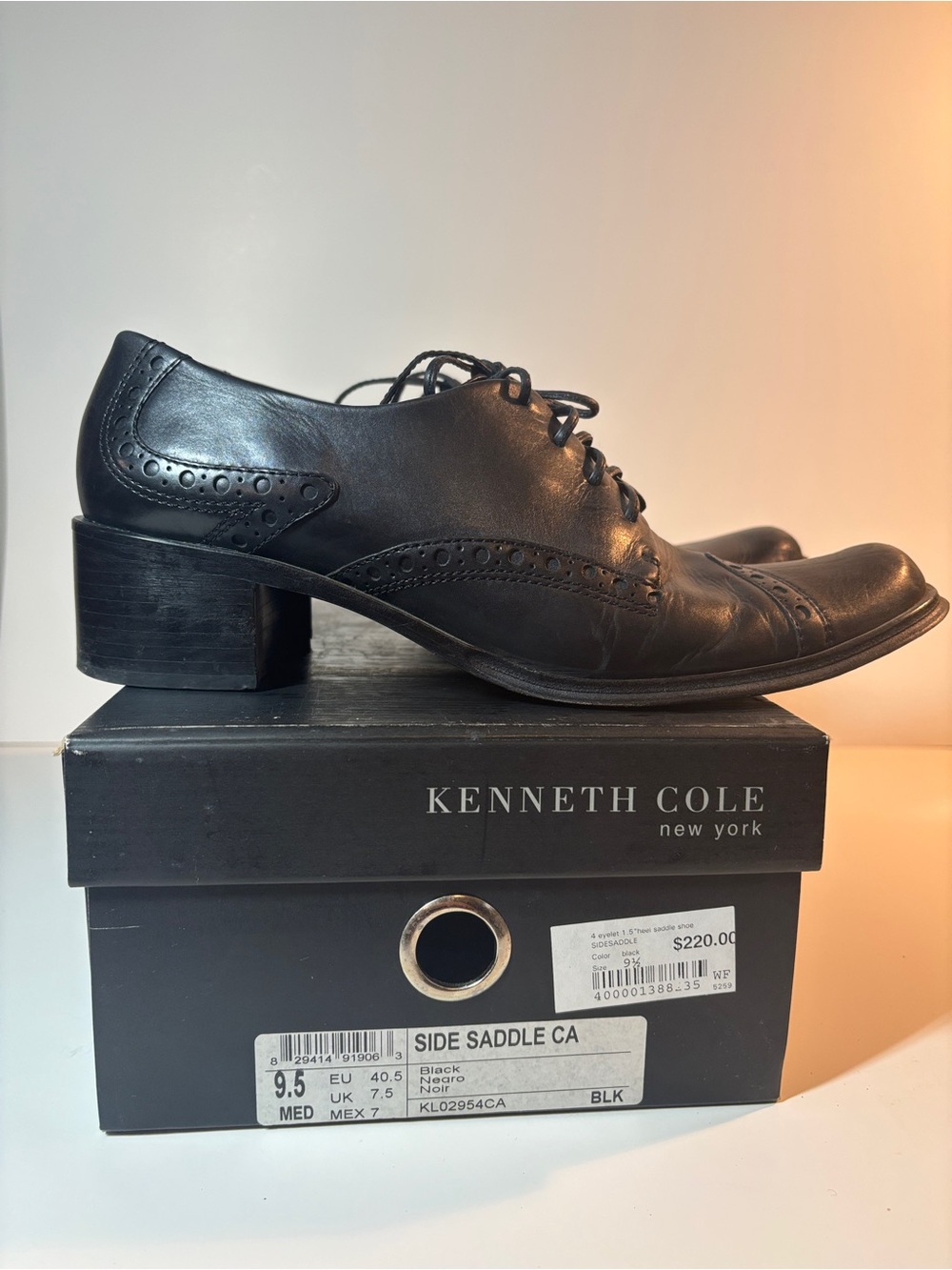 Kenneth Cole Women's Black Leather Lace-Up Oxfords with Block Heel